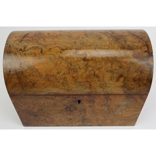 94 - A walnut burr tea caddy, 19th century. Of rectangular form with a domed cover. 8.9 in (22.8 cm) widt... 