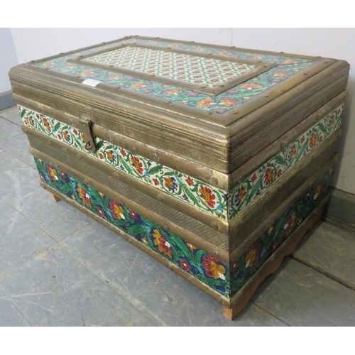 719 - A vintage Indian brass bound camphor wood casket, with polychrome enamel decoration depicting foliat... 