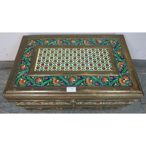 719 - A vintage Indian brass bound camphor wood casket, with polychrome enamel decoration depicting foliat... 