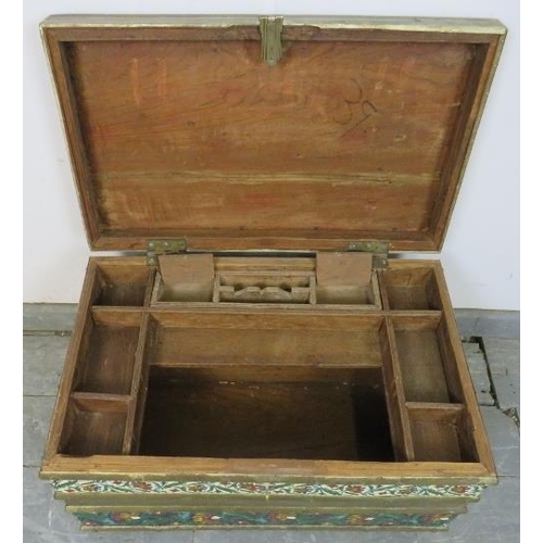 719 - A vintage Indian brass bound camphor wood casket, with polychrome enamel decoration depicting foliat... 