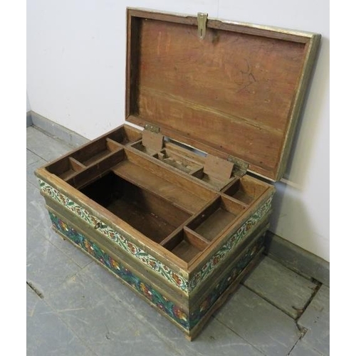 719 - A vintage Indian brass bound camphor wood casket, with polychrome enamel decoration depicting foliat... 