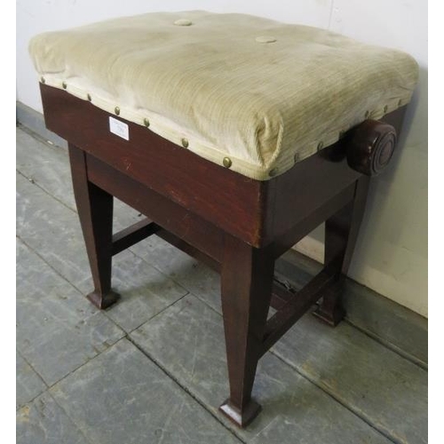 730 - An Edwardian mahogany height-adjustable music stool, recovered in cream velvet material with brass s... 