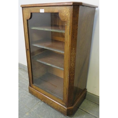 742 - A Victorian walnut music cabinet with marquetry inlay and burr walnut crossbanding, the glazed door ... 