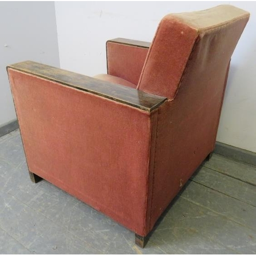 747 - An Art Deco Period oak show-wood armchair, upholstered in faded red velvet material, on block feet. ... 