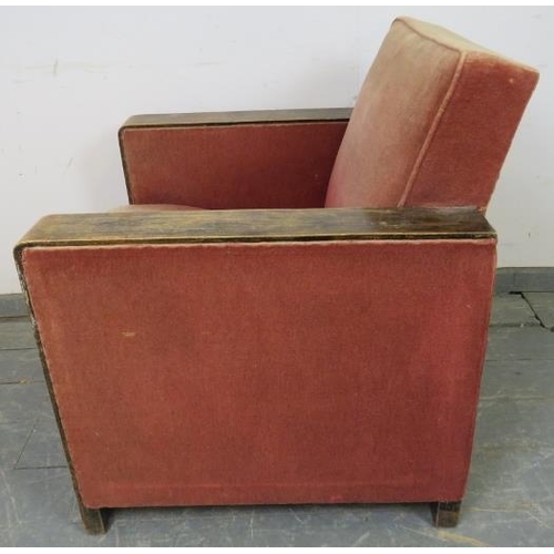 747 - An Art Deco Period oak show-wood armchair, upholstered in faded red velvet material, on block feet. ... 