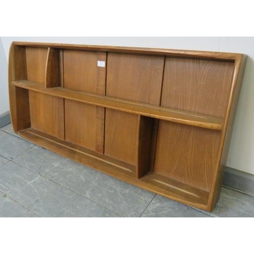 756 - A mid-century blond elm wall hanging Windsor plate rack by Ercol, of two shelves. 
Condition report:... 