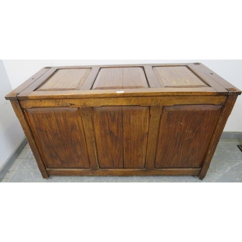 835 - A 19th century oak coffer, with fielded panels to front and sides, with lift-out internal tray, on s... 