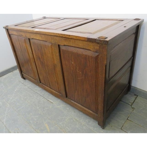 835 - A 19th century oak coffer, with fielded panels to front and sides, with lift-out internal tray, on s... 