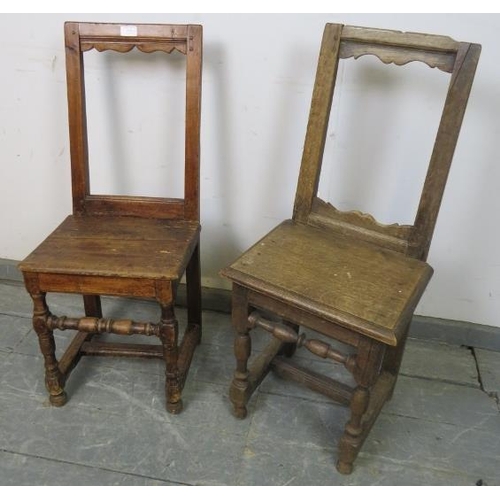 836 - Two 18th century Lorraine chairs, one fruitwood the other in oak, on turned and block supports with ... 