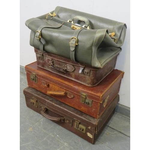 856 - Three vintage leather suitcases, together with a London maker vintage leather doctor’s bag with bras... 