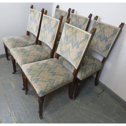 811 - A set of six turn of the century oak dining chairs, reupholstered in contemporary geometric patterne... 