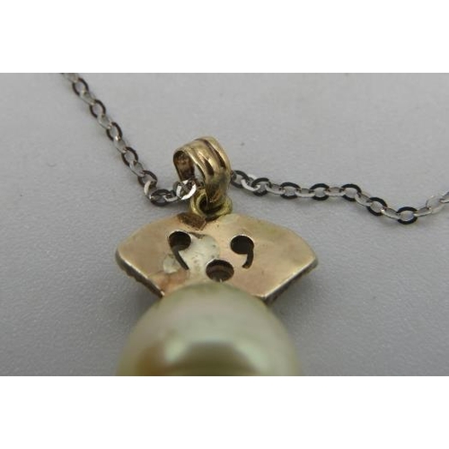 430 - A South Sea pearl & diamond pendant, pearl approx 10mm across. Indistinct marks on bail, on a fine 1... 