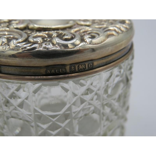 448 - A hobnail cut glass silver topped scent bottle with inner stopper and a silver top jar, Birmingham 1... 