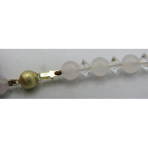 458 - A rose quartz & crystal graduated necklace with 14ct yellow gold ball clasp and a pair of unmarked y... 