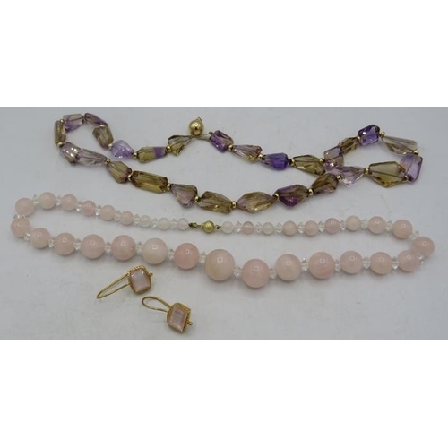 458 - A rose quartz & crystal graduated necklace with 14ct yellow gold ball clasp and a pair of unmarked y... 