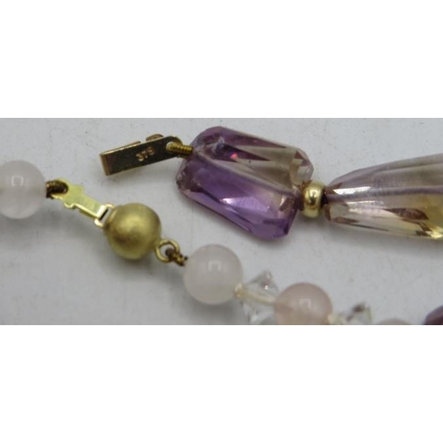 458 - A rose quartz & crystal graduated necklace with 14ct yellow gold ball clasp and a pair of unmarked y... 