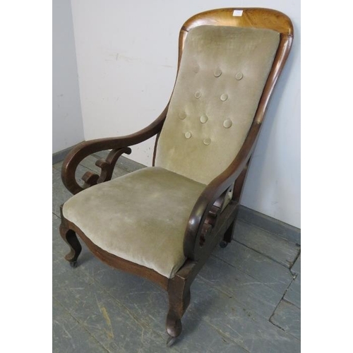 858 - A Victorian walnut open-sided armchair upholstered in grey velvet material, with carved and pierced ... 