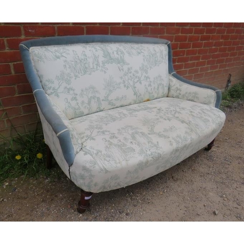 882 - A 19th century two-seater sofa, upholstered in blue velvet and toile de jour material with brass stu... 