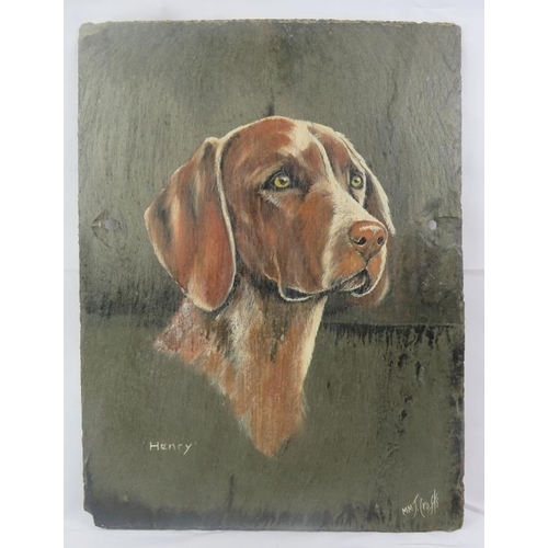 615 - M.M.J. Crofts (20th century) - Three portrait dog paintings on slate panels, each named, signed and ... 