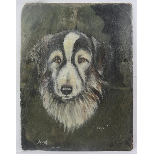 615 - M.M.J. Crofts (20th century) - Three portrait dog paintings on slate panels, each named, signed and ... 