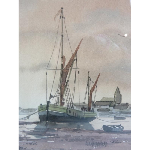 624 - Alan Whitehead (British, b. 1952) - 'Harbour scene, tide out, moored boats', watercolour, signed, De... 