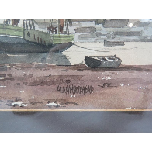 624 - Alan Whitehead (British, b. 1952) - 'Harbour scene, tide out, moored boats', watercolour, signed, De... 