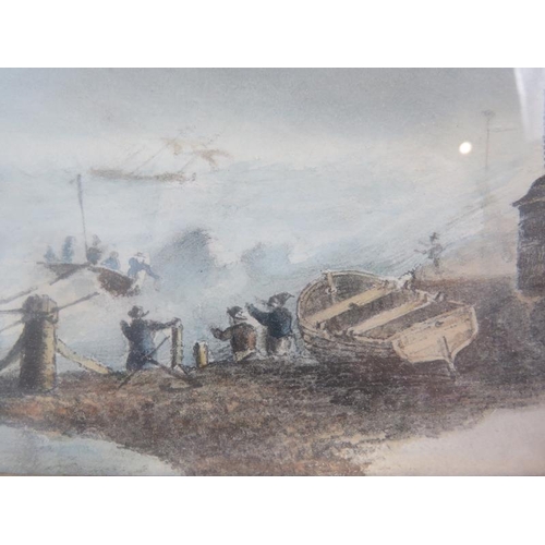 627 - British School (19th century) - 'Lifeboat launching in heavy seas', watercolour, labels verso, 12cm ... 