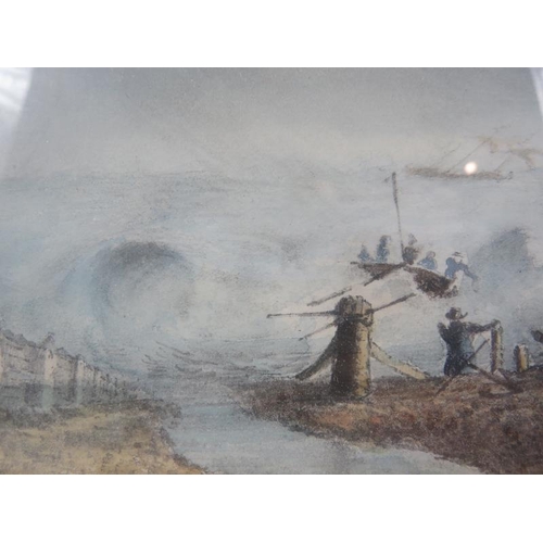 627 - British School (19th century) - 'Lifeboat launching in heavy seas', watercolour, labels verso, 12cm ... 