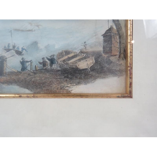 627 - British School (19th century) - 'Lifeboat launching in heavy seas', watercolour, labels verso, 12cm ... 