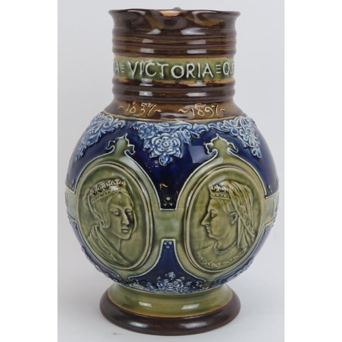 111 - A Doulton Lambeth glazed stoneware Queen Victoria Diamond Jubilee commemorative jug, circa 1897. Imp... 