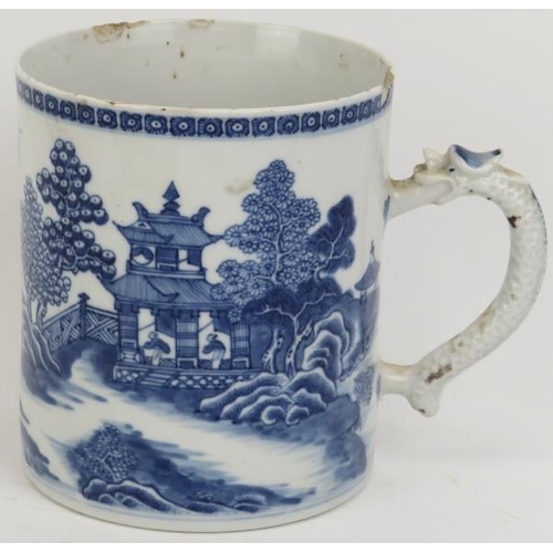 119 - A Chinese export blue and white porcelain tankard, late 18th century. With a dragon moulded handle. ... 