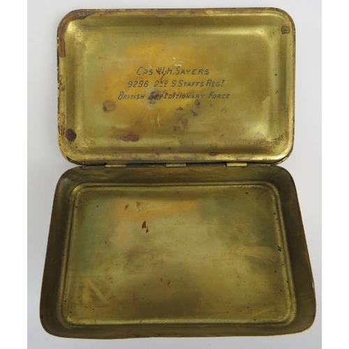 144 - A WWI Princess Mary 1914 gilt brass Christmas gift box. 5 in (12.8 cm) length. 
Condition report: So... 