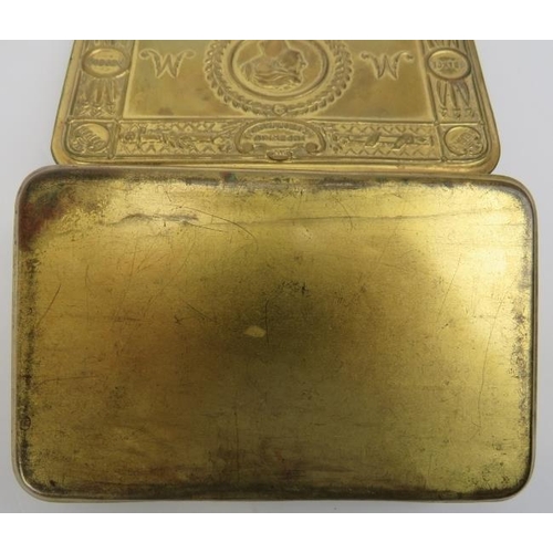 144 - A WWI Princess Mary 1914 gilt brass Christmas gift box. 5 in (12.8 cm) length. 
Condition report: So... 