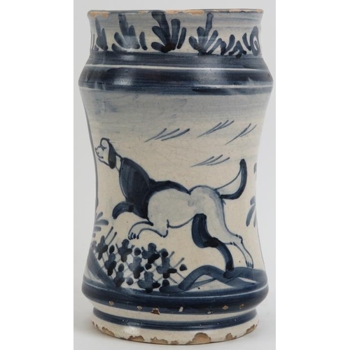 150 - A Spanish blue and white ceramic albarelo pharmacy jar, probably 19th century. Inscribed ‘Farigola’ ... 