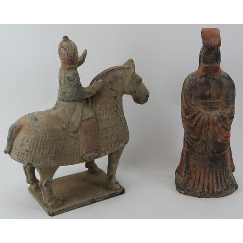 164 - A Chinese pottery armoured equestrian and figure of an emperor, 20th century. (2 items) 10.6 in (27 ... 