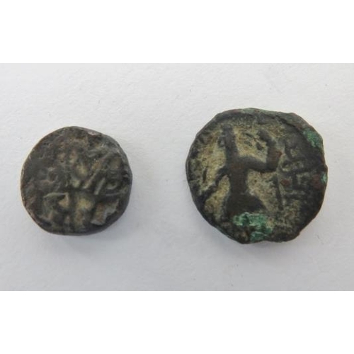 176 - Two ancient coins, probably Roman period. (2 items) 0.7 in (1.8 cm) diameter, 0.5 in (1.4 cm) diamet... 