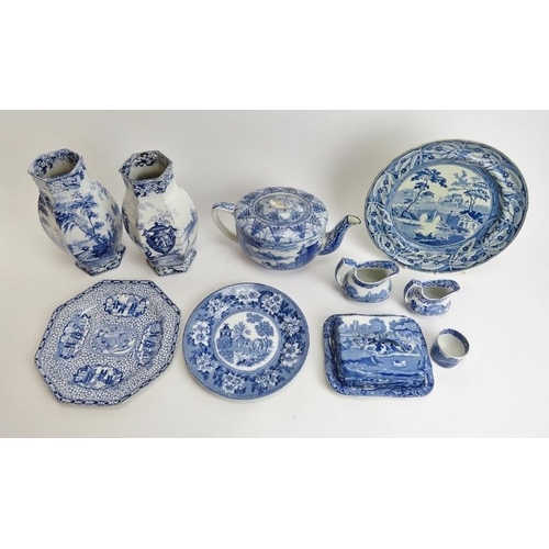 199 - A group of English blue and white transfer printed ceramic wares, 19th century. Comprising a teapot,... 