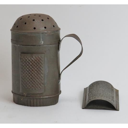 204 - A Victorian tin metal flour sifter with graters and a nutmeg grater. Sifter: 5.1 in (13 cm) height. ... 