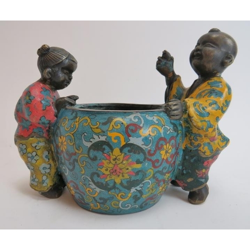 225 - A Chinese cloisonne bowl incorporated with painted figures of a boy and girl, 20th century. 8.66 in ... 