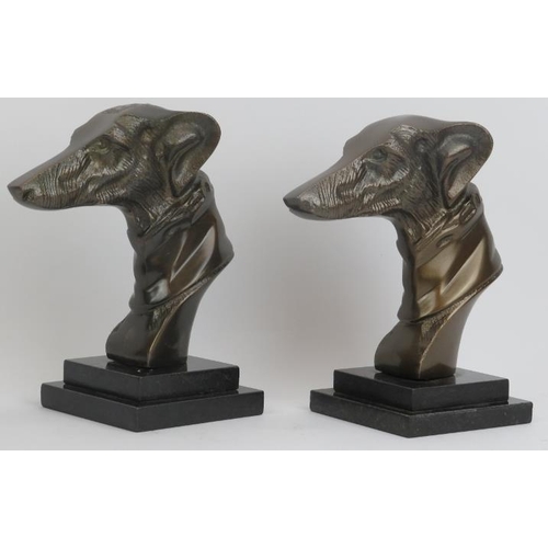 26 - A pair of bronzed metal greyhound racing dogs head busts, 20th century. Modelled in the Art Deco sty... 