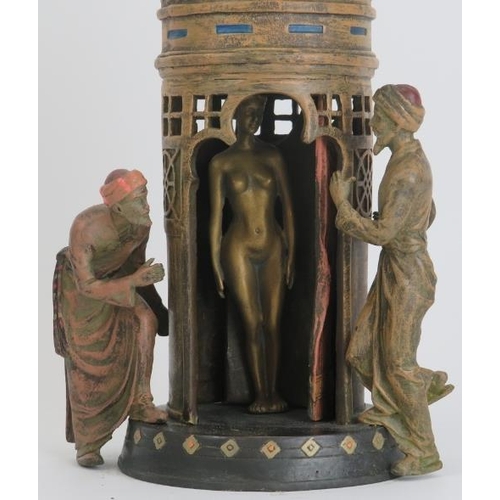 29 - A Bergman style cold painted bronze figural Arab group. Modelled depicting two Arabs outside a bathi... 