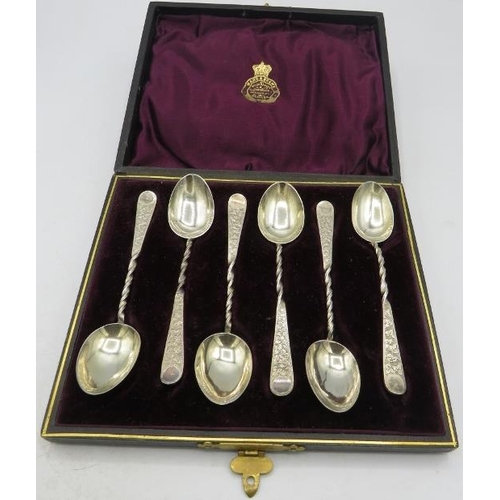 319 - A set of six silver coffee spoons with engraved decoration & twisted handle, Birmingham 1894, approx... 