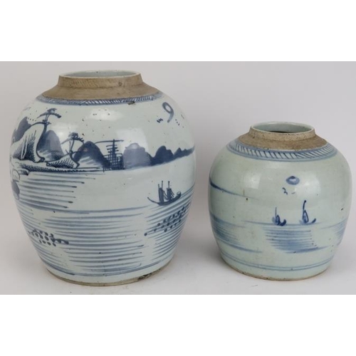 41 - Two provincial Chinese blue and white ginger jars, 19th century. Both decorated with continuous land... 