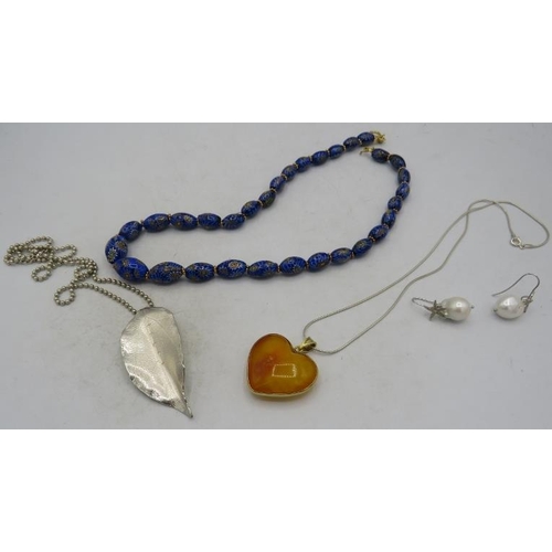 425 - A fully hallmarked silver leaf pendant on a ball chain with 925 stamped lobster clasp, and a pair of... 