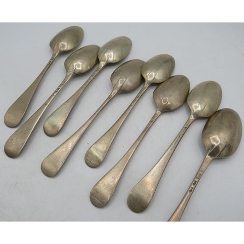 439 - A set of 8 early Georgian silver dessert spoons, c1757. Approx weight 8.6 troy oz/269 grams.
Conditi... 