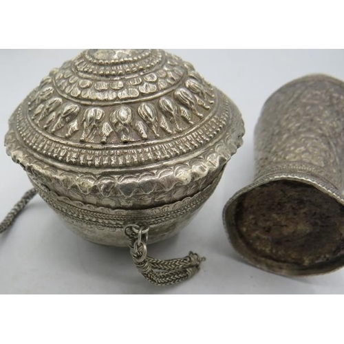 447 - Two interesting 19th century Far Eastern white containers, one featuring a polished stone base, both... 