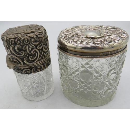 448 - A hobnail cut glass silver topped scent bottle with inner stopper and a silver top jar, Birmingham 1... 