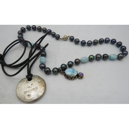 469 - An unusual possibly Russian black pearl & larimar necklace, with 925 marked larimar pendant, approx ... 