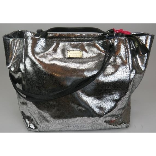 484 - A large Paul Costelloe handbag with silver crackle metallic decoration and added shoulder strap, wit... 