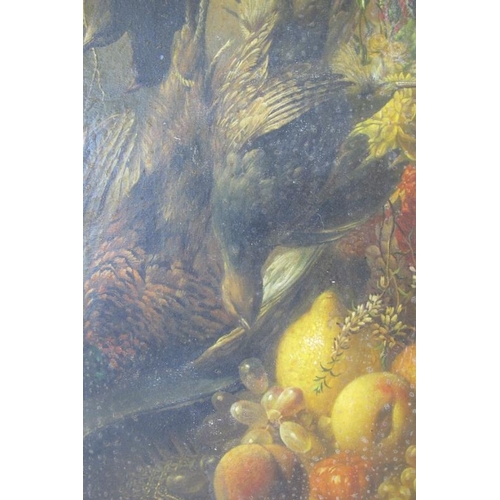 505 - Continental school (19th century) - 'Still life with dead birds and fruits', oil on canvas, indistin... 